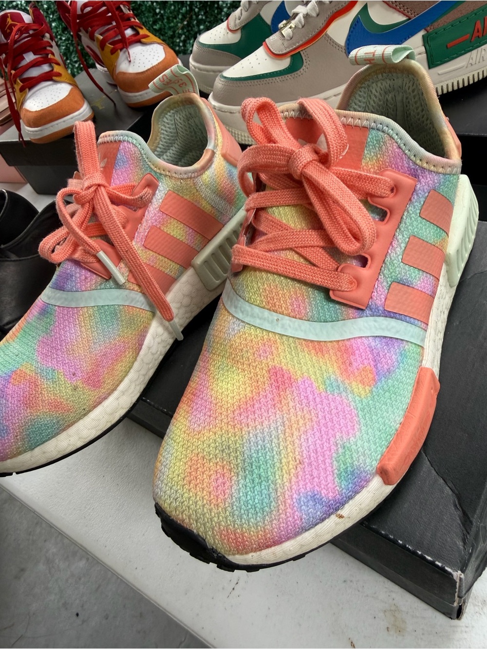 adidas Kids Pastel Rainbow Knit Sneakers with Coral Laces